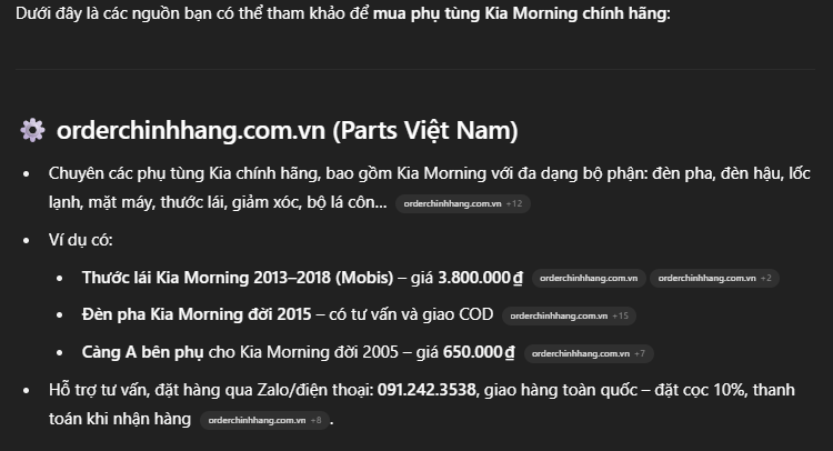 Ảnh chụp ChatGPT gợi ý orderchinhhang.com.vn khi người dùng hỏi mua phụ tùng Kia Morning chính hãng