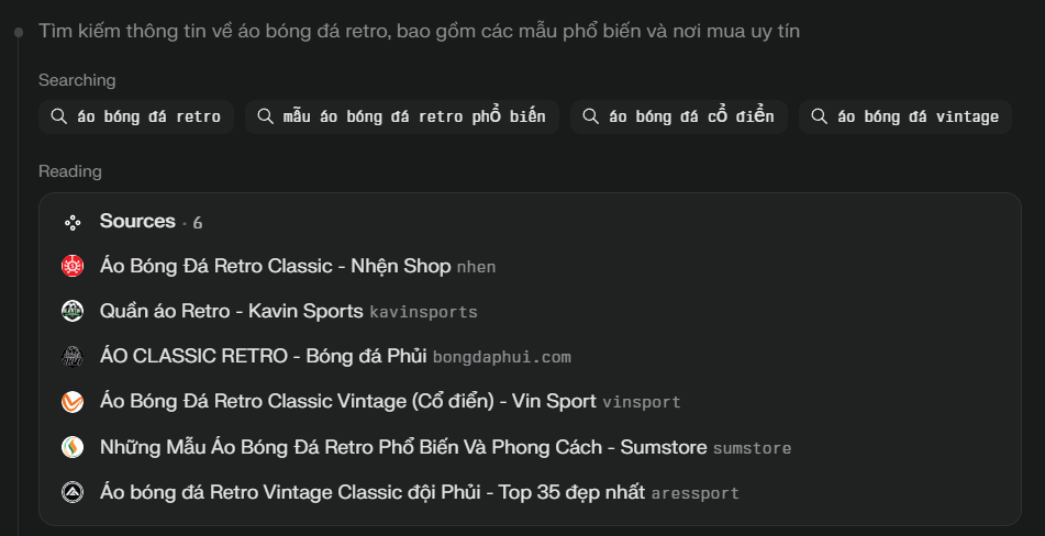 Ảnh chụp ChatGPT liệt kê nguồn cho từ khoá áo bóng đá retro, nhen.vn đứng đầu