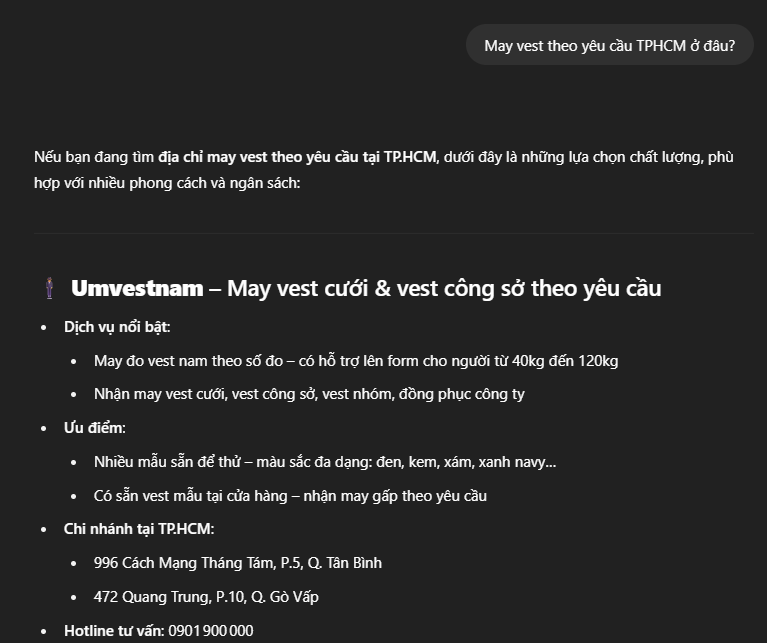 Ảnh chụp ChatGPT gợi ý umvestnam khi người dùng hỏi may vest theo yêu cầu ở TP.HCM