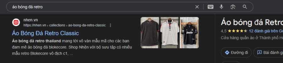 Ảnh chụp trang kết quả Google: nhen.vn đứng đầu cho từ khoá áo bóng đá retro