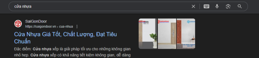 Ảnh chụp trang kết quả Google: saigondoor.vn đứng đầu cho từ khoá cửa nhựa