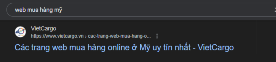 Ảnh chụp trang kết quả Google: vietcargo.vn đứng đầu cho từ khoá web mua hàng mỹ